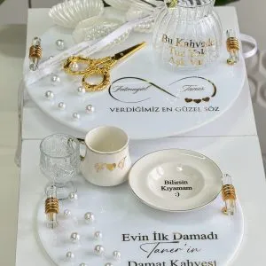 Cam Söz Tepsisi - Beyaz Daire Set