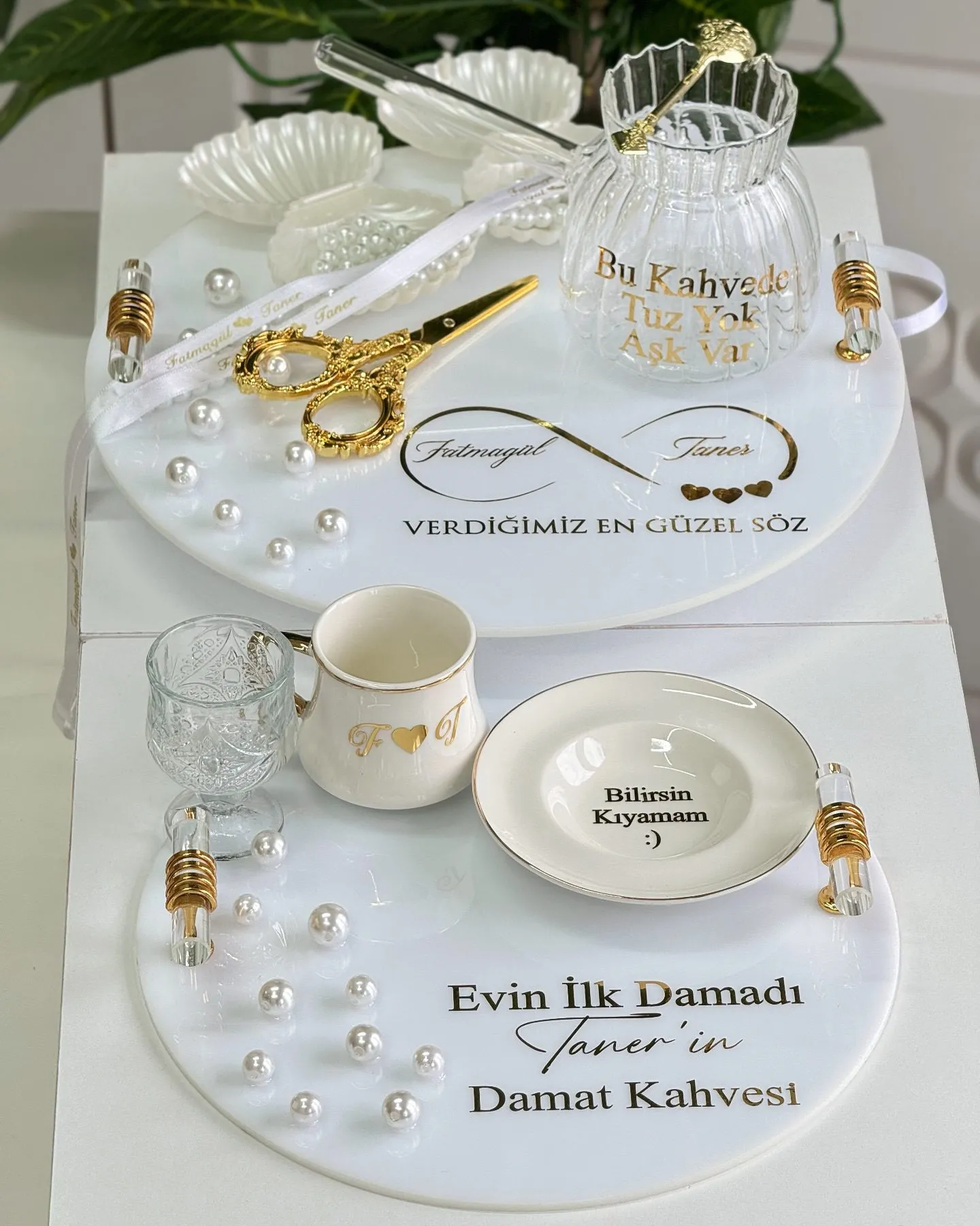 Cam Söz Tepsisi - Beyaz Daire Set